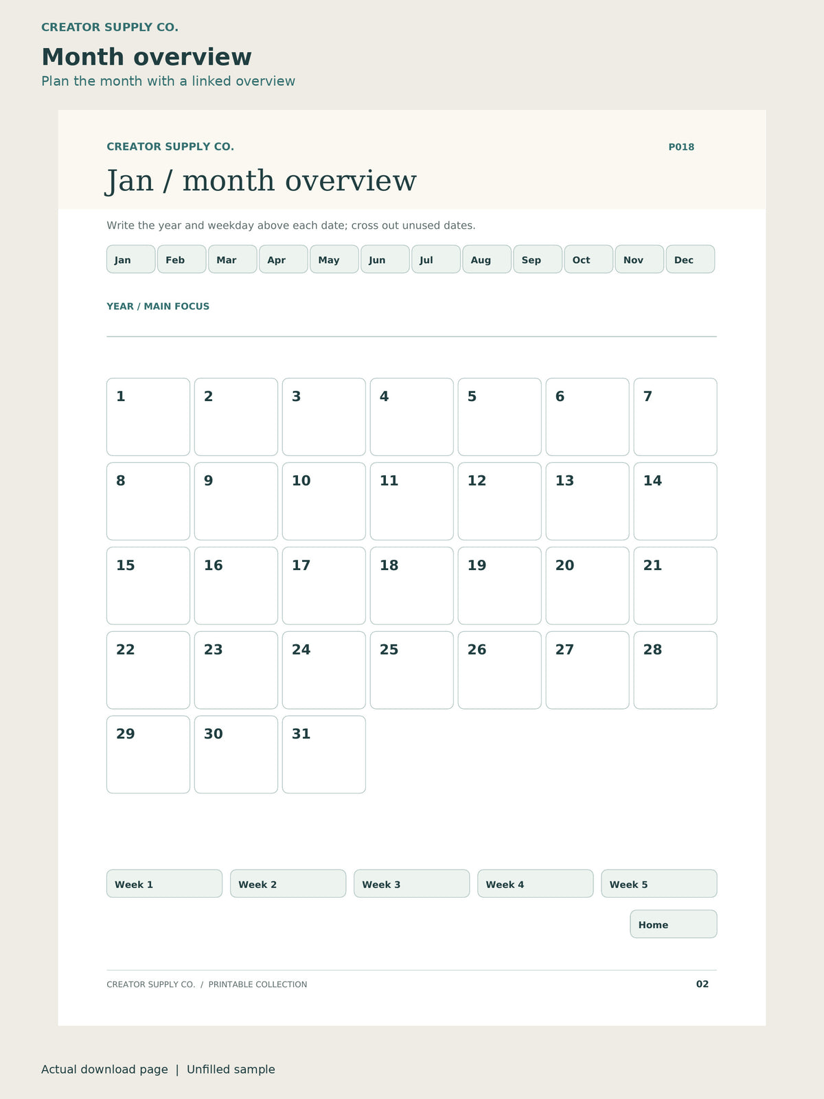 Monthly overview from the Digital Planner PDF, showing January dates 1–31, five week links and month-navigation tabs.