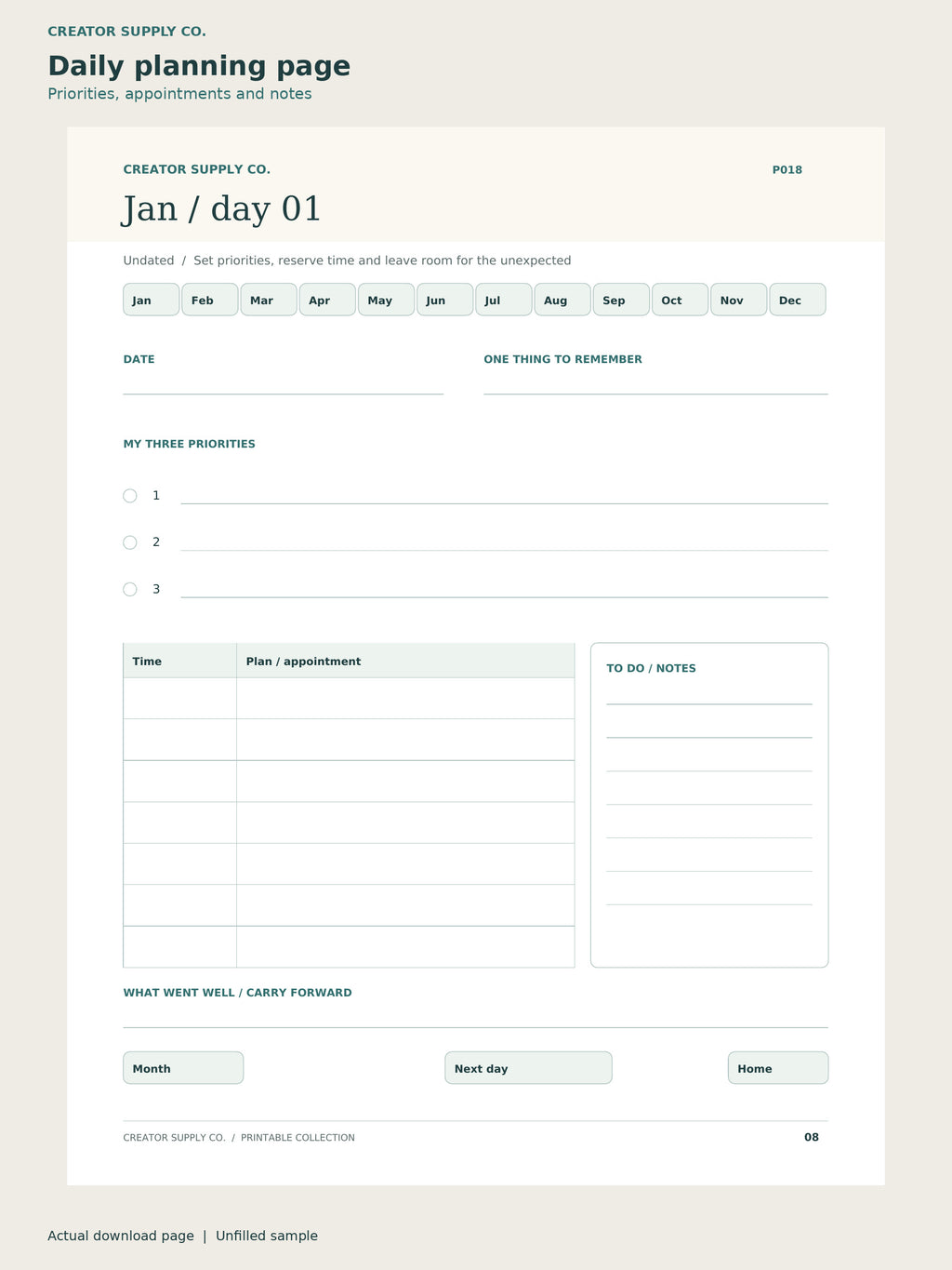 Daily page from the Digital Planner PDF, showing three priorities, an appointment schedule, notes and month-navigation tabs.
