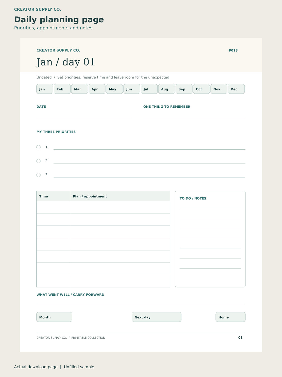 Daily page from the Digital Planner PDF, showing three priorities, an appointment schedule, notes and month-navigation tabs.