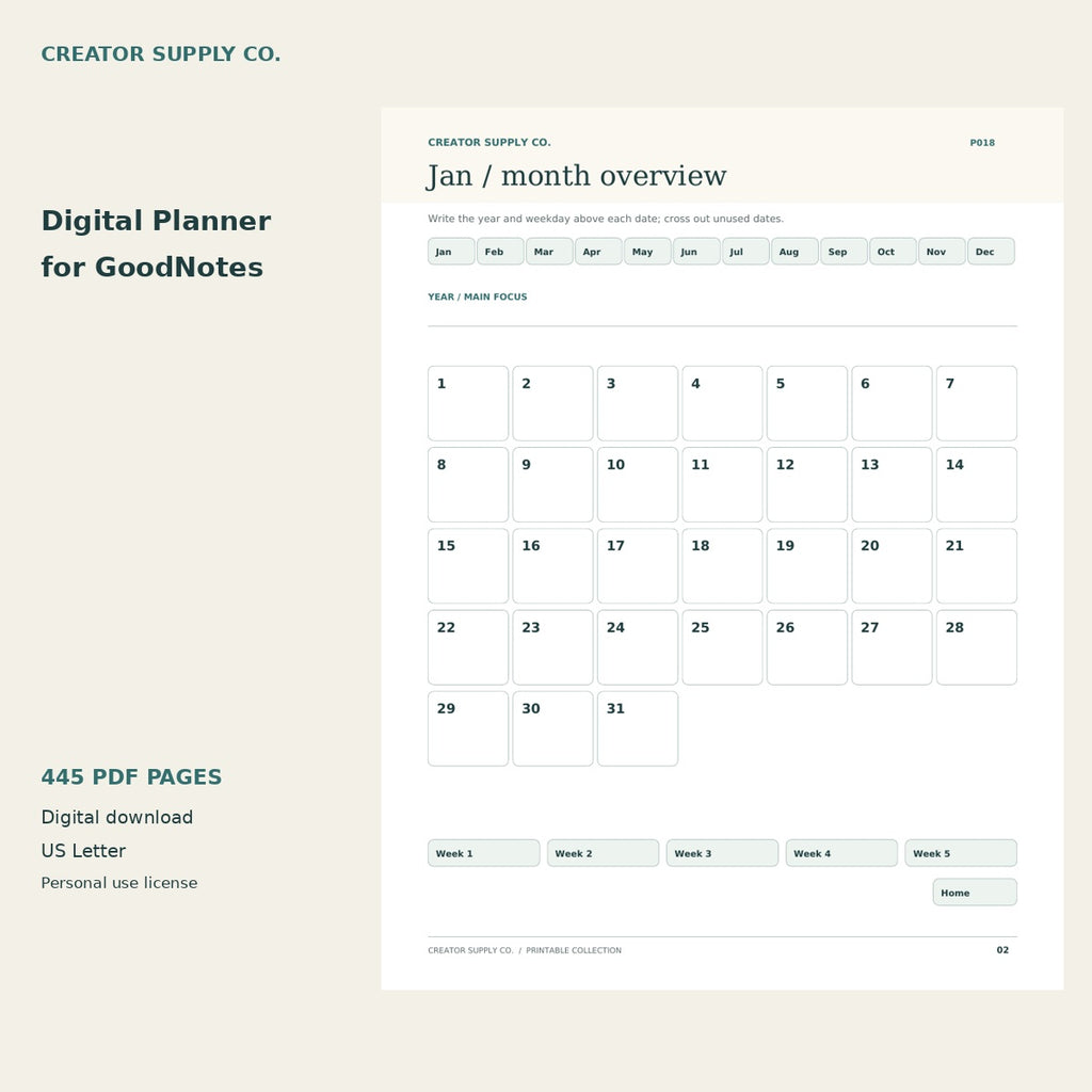 Digital Planner for GoodNotes preview showing the January monthly grid, month tabs and weekly navigation links.