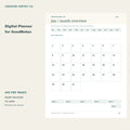 Digital Planner for GoodNotes preview showing the January monthly grid, month tabs and weekly navigation links.
