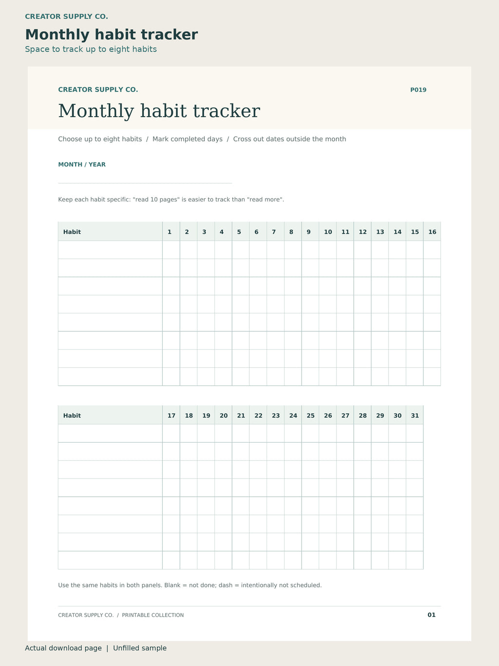 Habit Tracker Pack – monthly habit tracker page: space to track up to eight habits