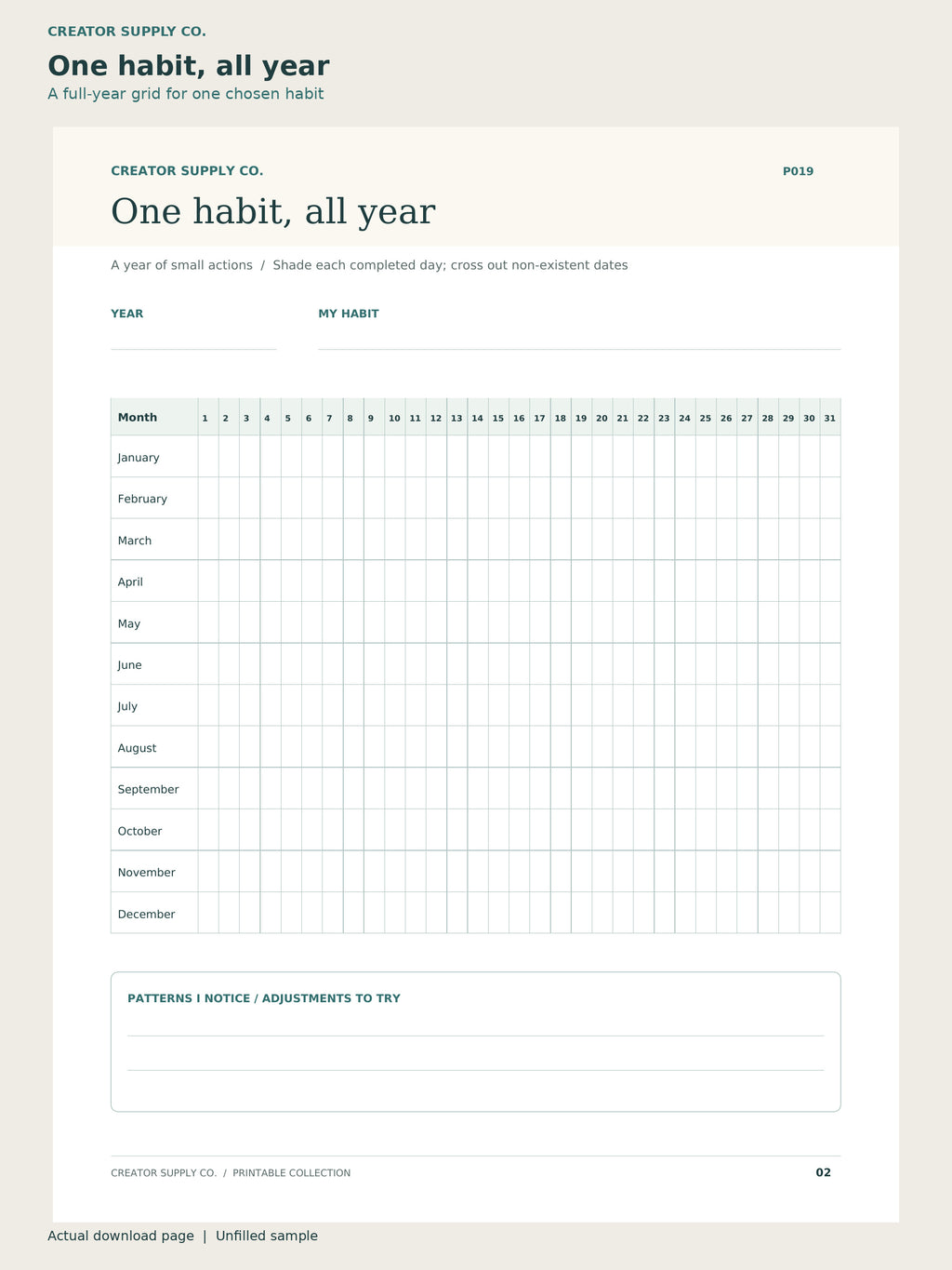 Habit Tracker Pack – one habit, all year page: a full-year grid for one chosen habit