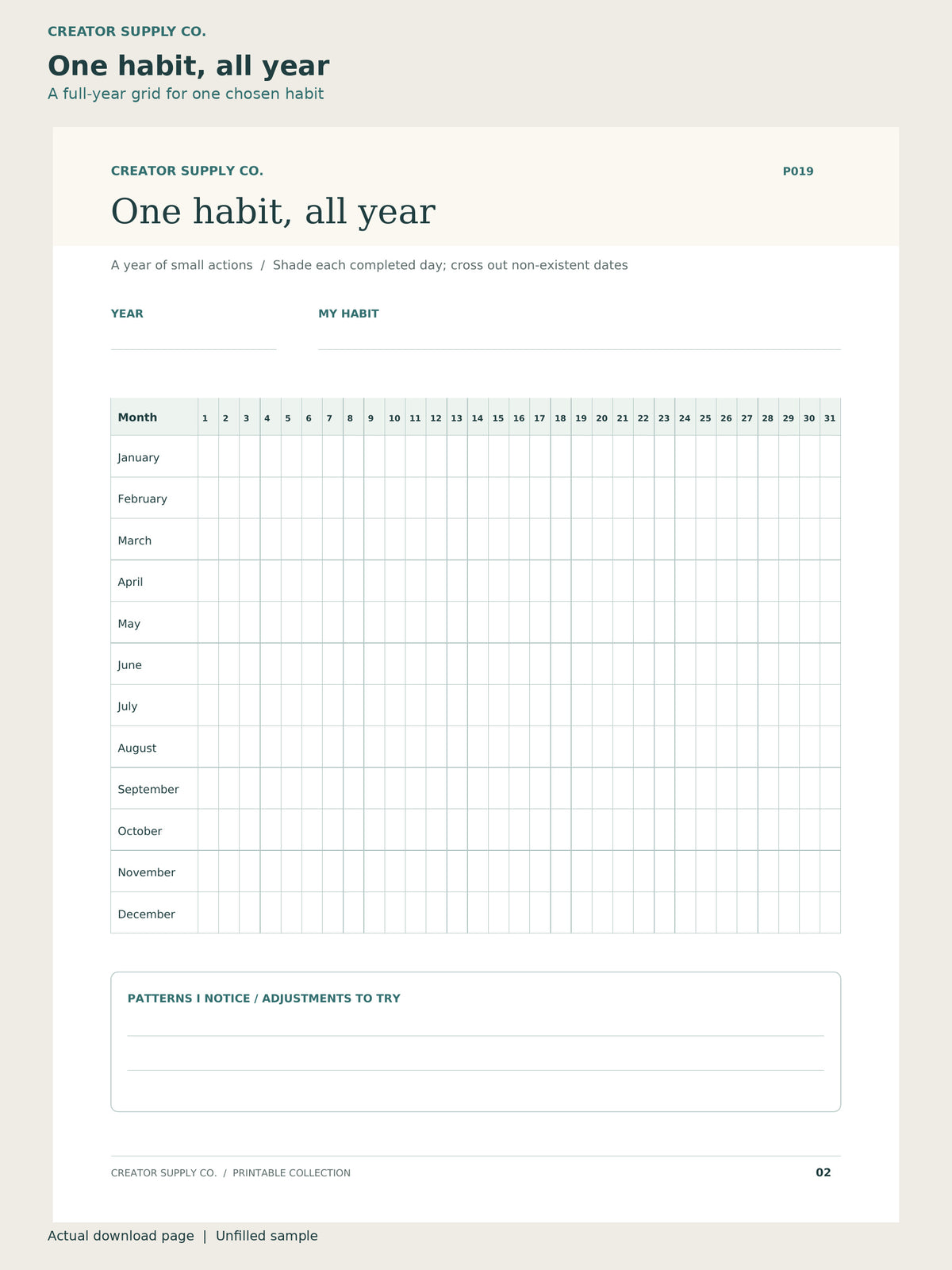 Habit Tracker Pack – one habit, all year page: a full-year grid for one chosen habit