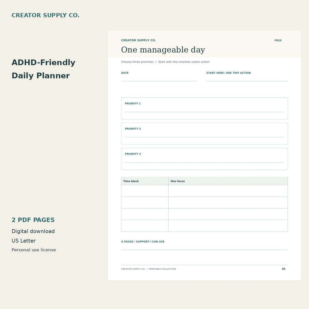 ADHD-Friendly Daily Planner preview with three priorities, small next actions and flexible time blocks.