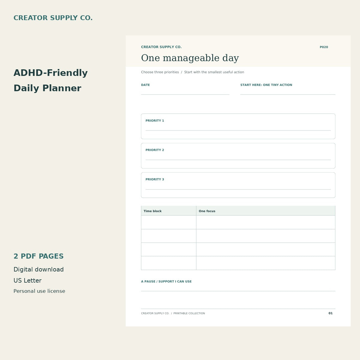 ADHD-Friendly Daily Planner preview with three priorities, small next actions and flexible time blocks.