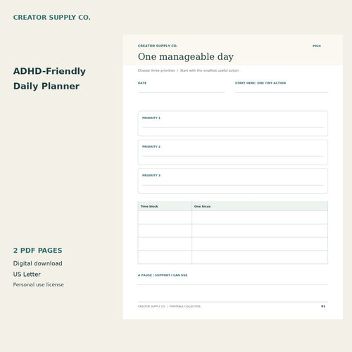 ADHD-Friendly Daily Planner preview with three priorities, small next actions and flexible time blocks.