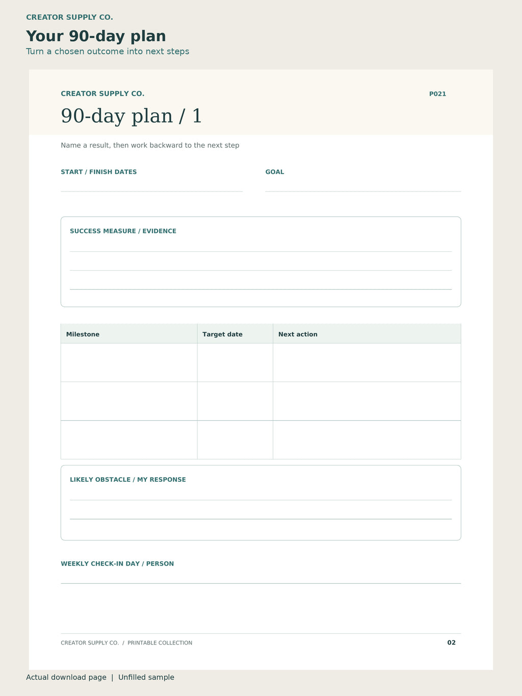 Goal Setting Workbook – 90-day plan page: turn a chosen outcome into next steps