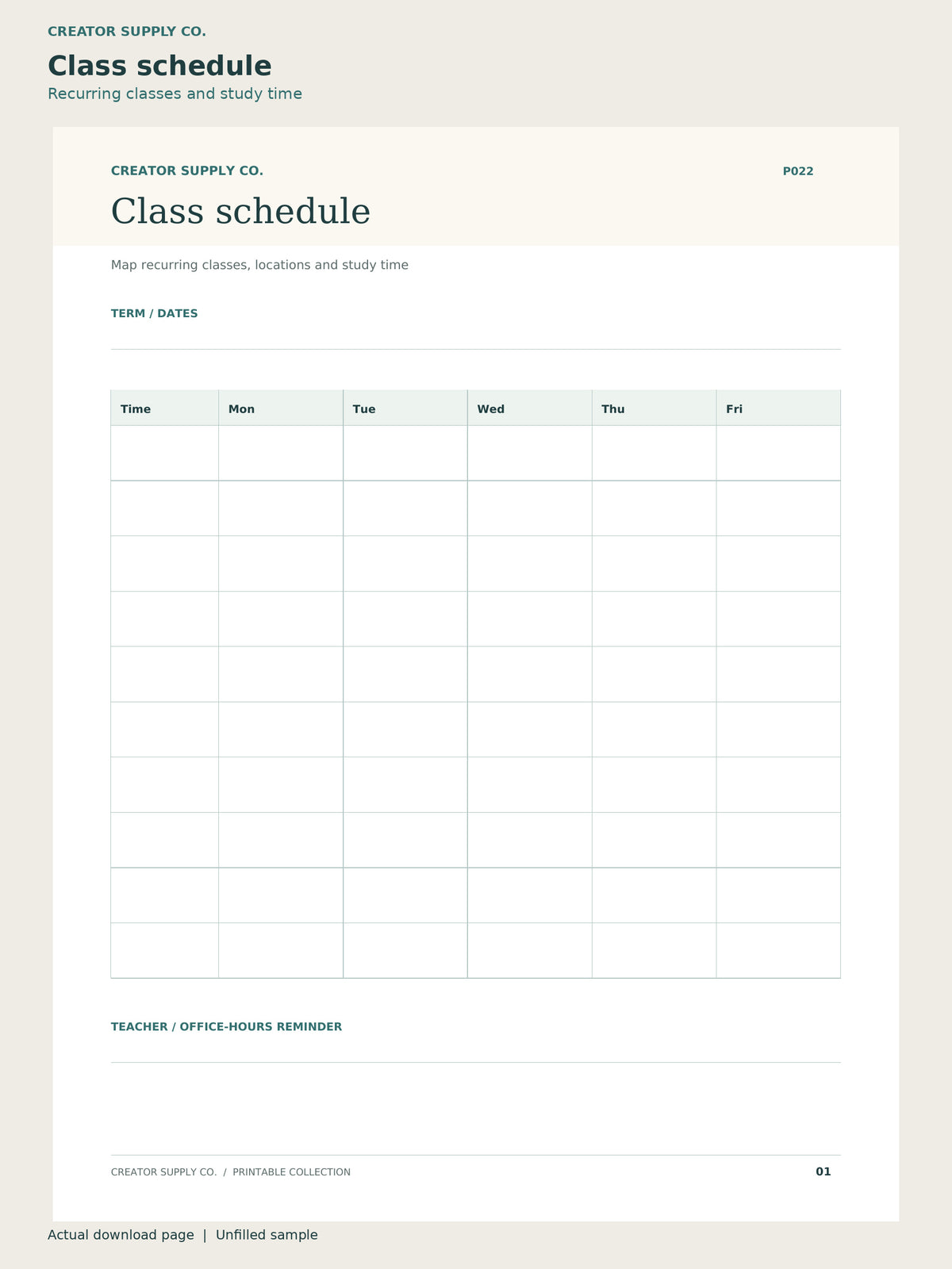 Student Assignment Planner – class schedule page: recurring classes and study time