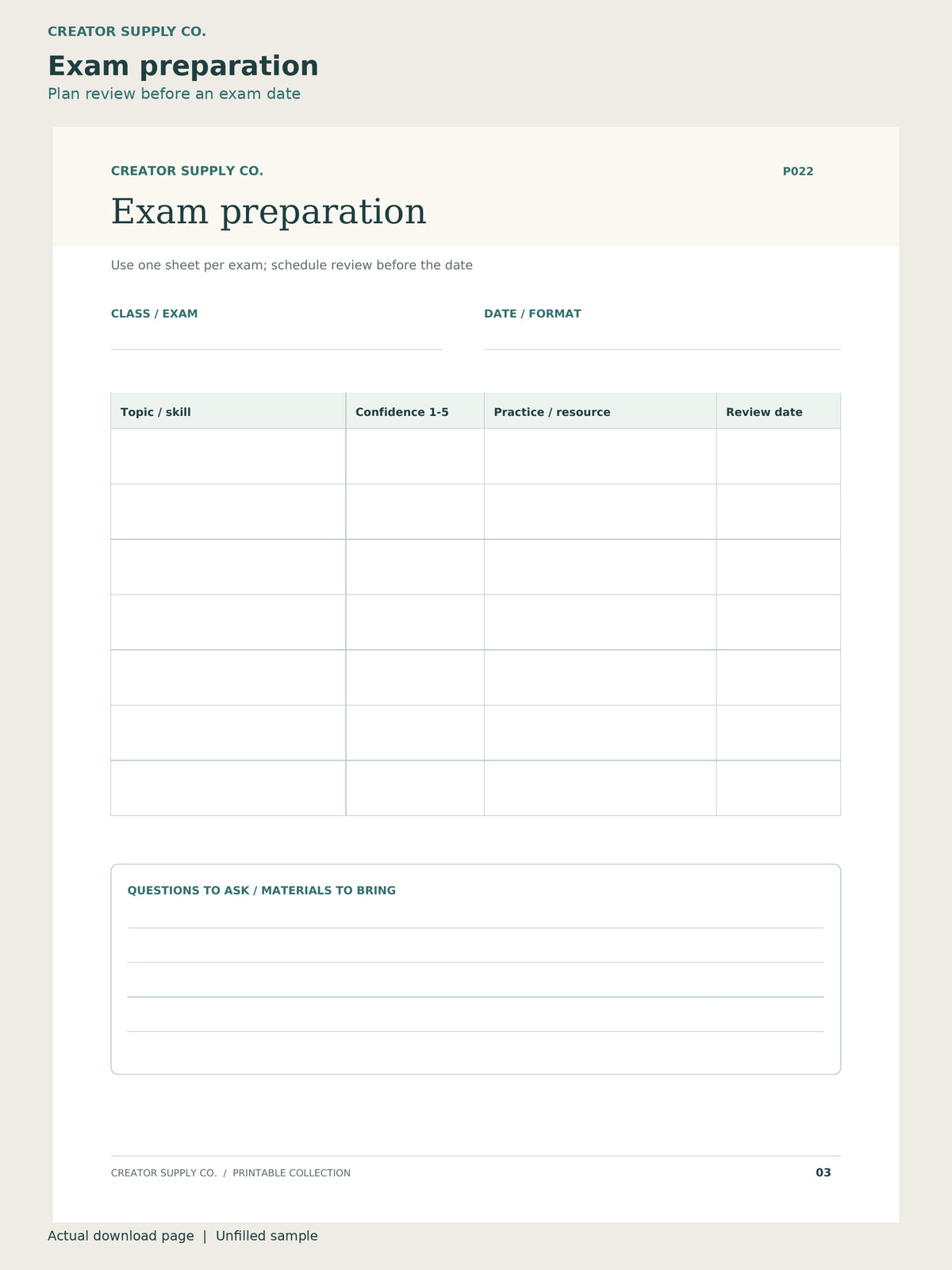 Student Assignment Planner – exam preparation page: plan review before an exam date