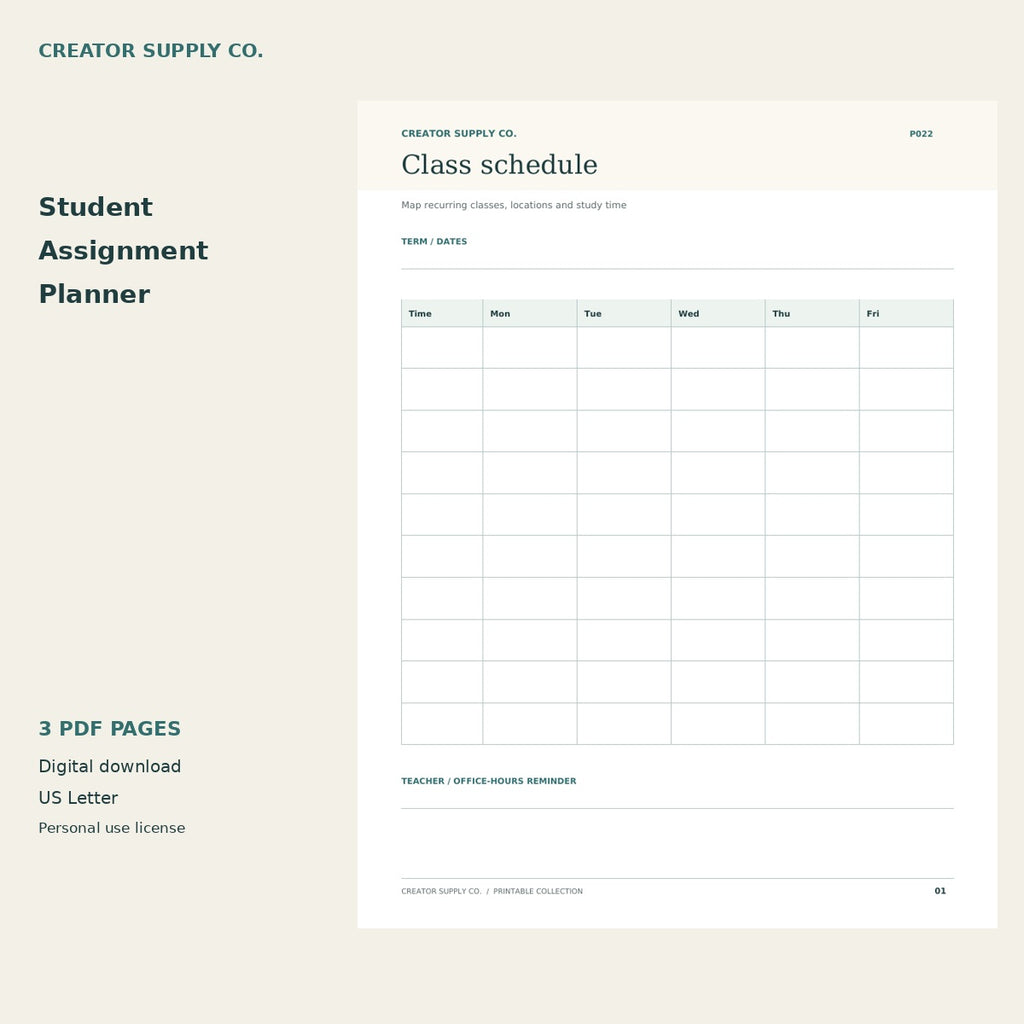 Student Assignment Planner – printable PDF pages preview