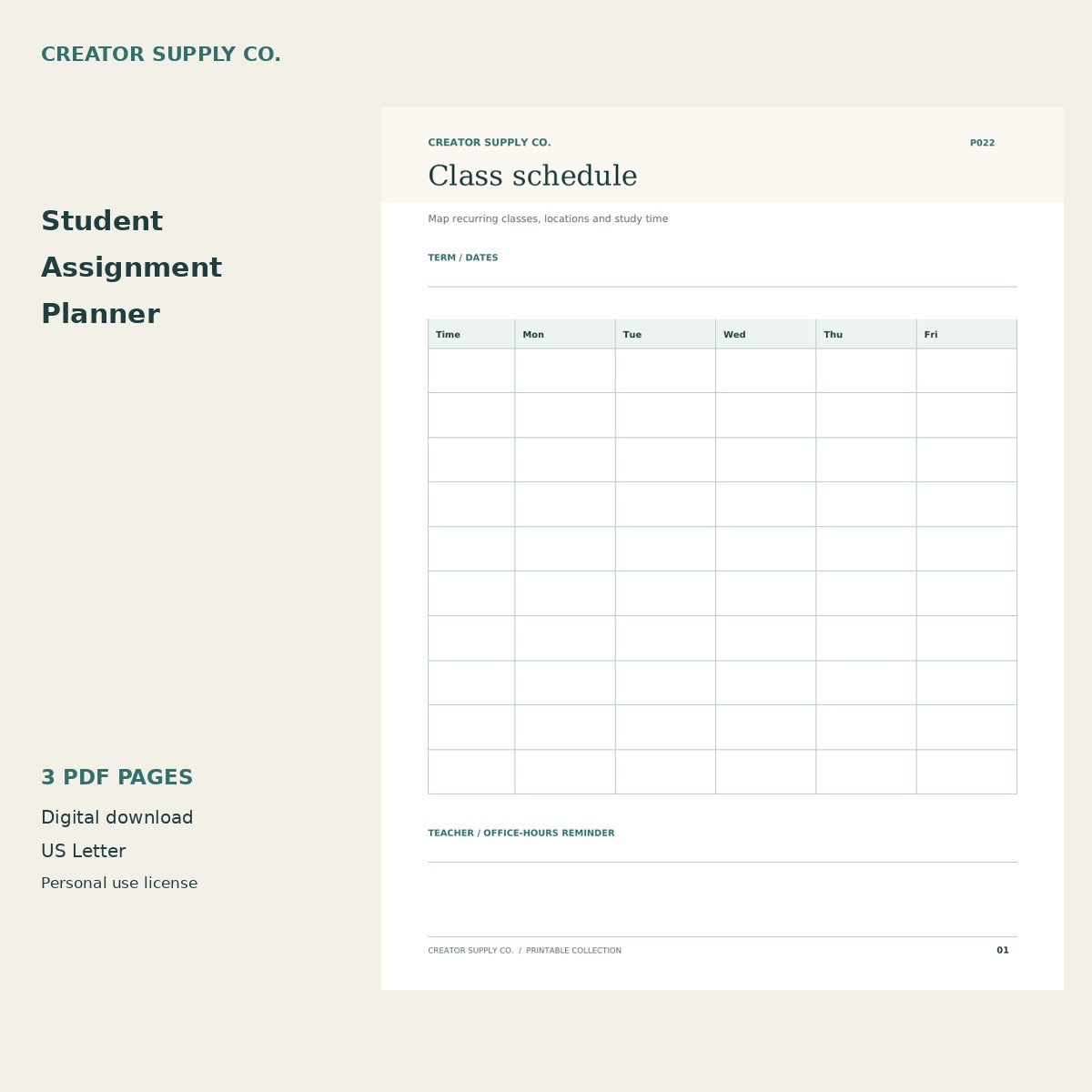 Student Assignment Planner – printable PDF pages preview