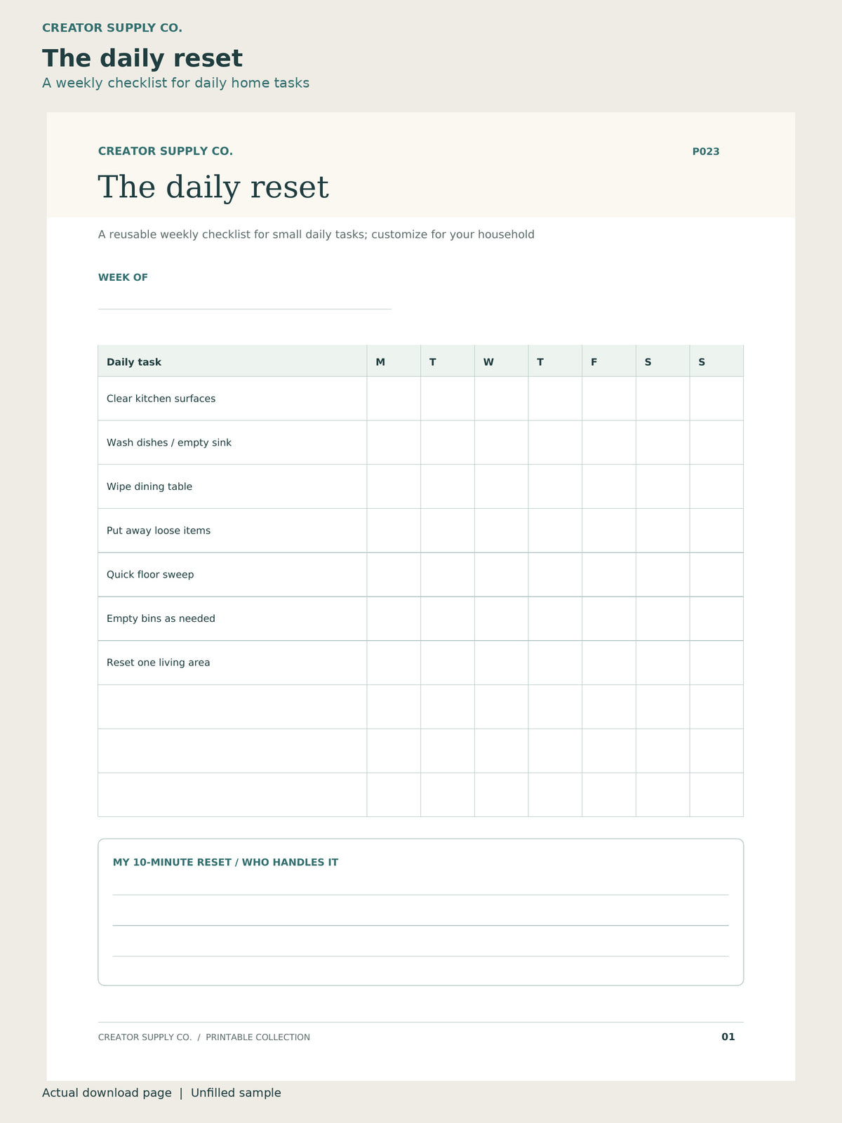 Cleaning Schedule Printable – daily reset page: a weekly checklist for daily home tasks