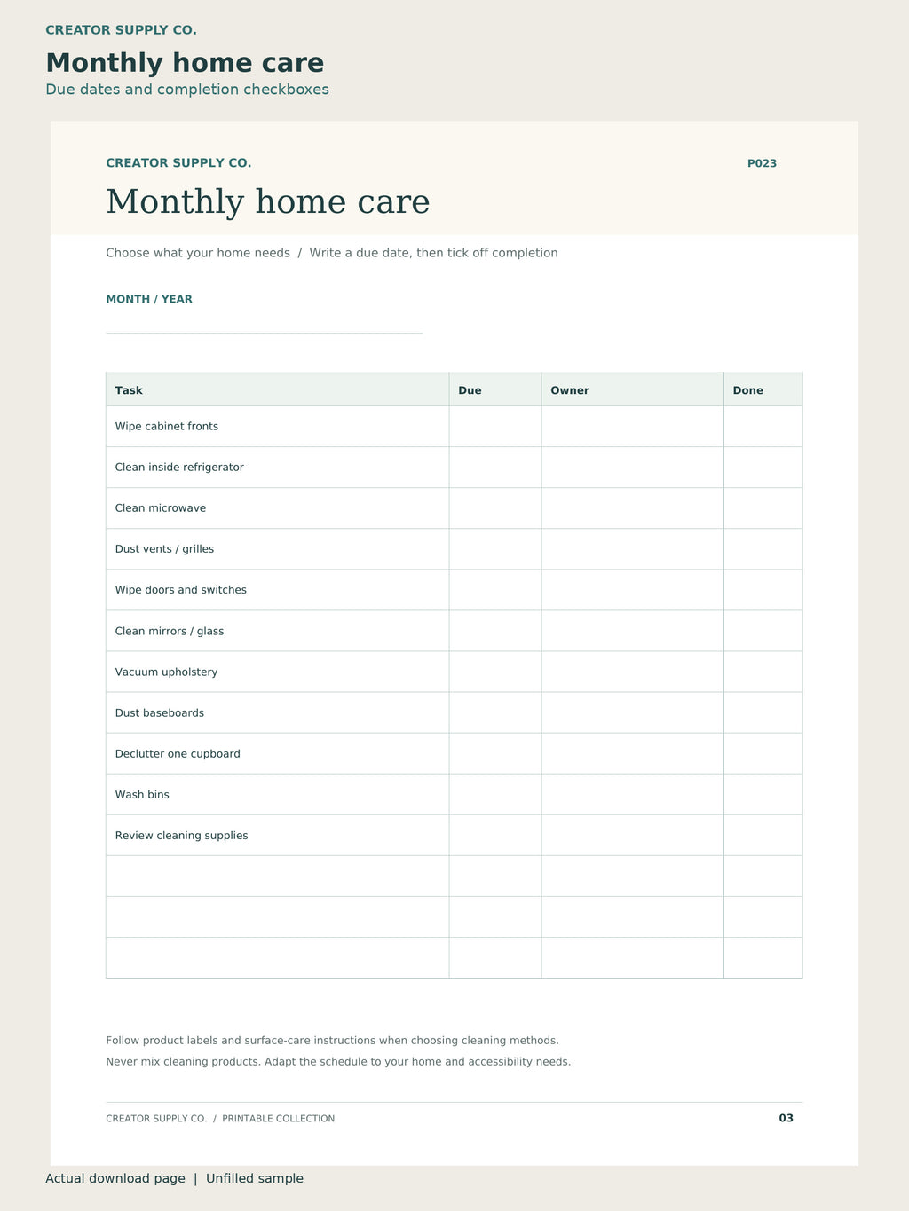 Cleaning Schedule Printable – monthly home care page: due dates and completion checkboxes