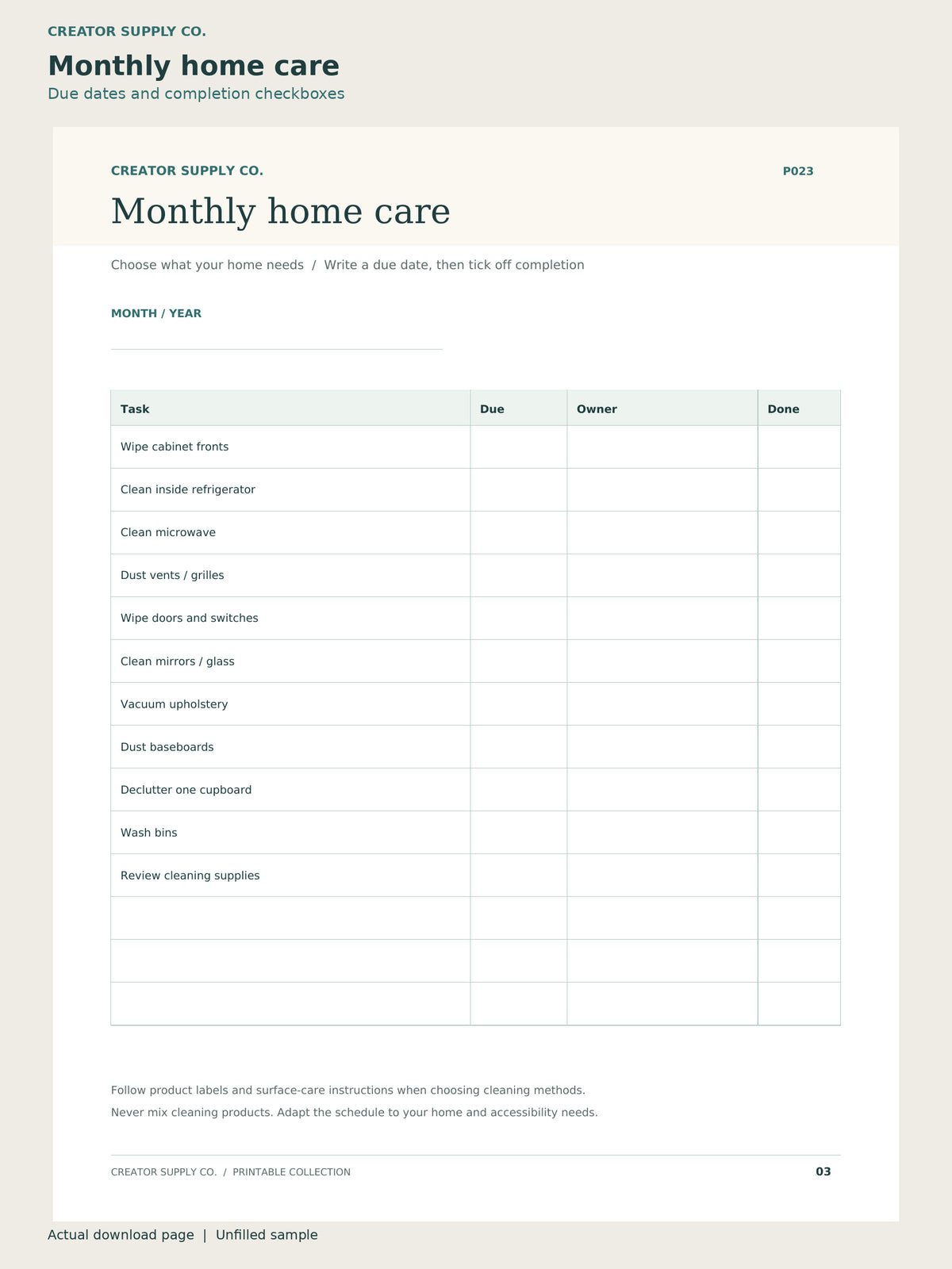 Cleaning Schedule Printable – monthly home care page: due dates and completion checkboxes