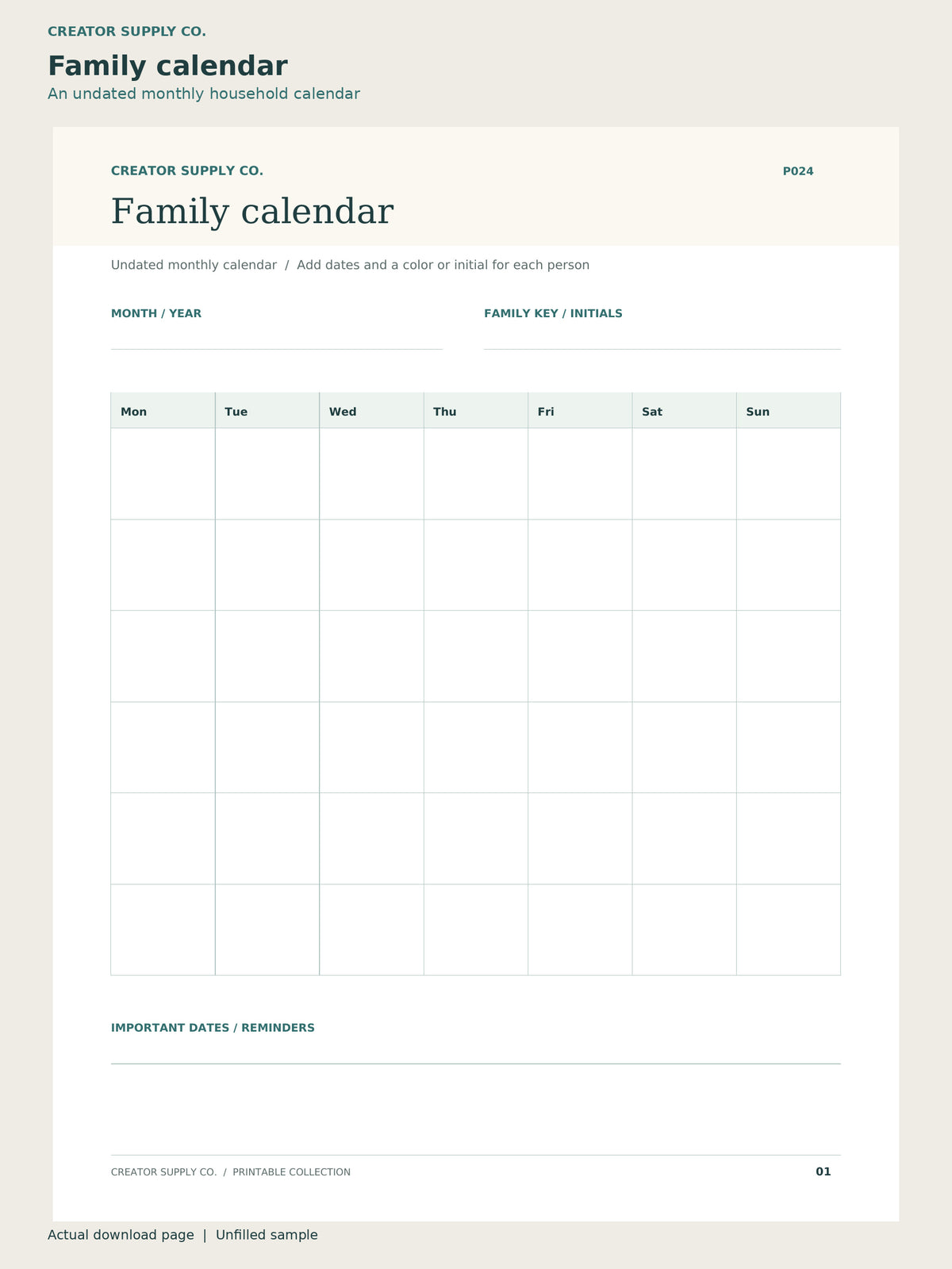 Family Command Center Kit – family calendar page: an undated monthly household calendar