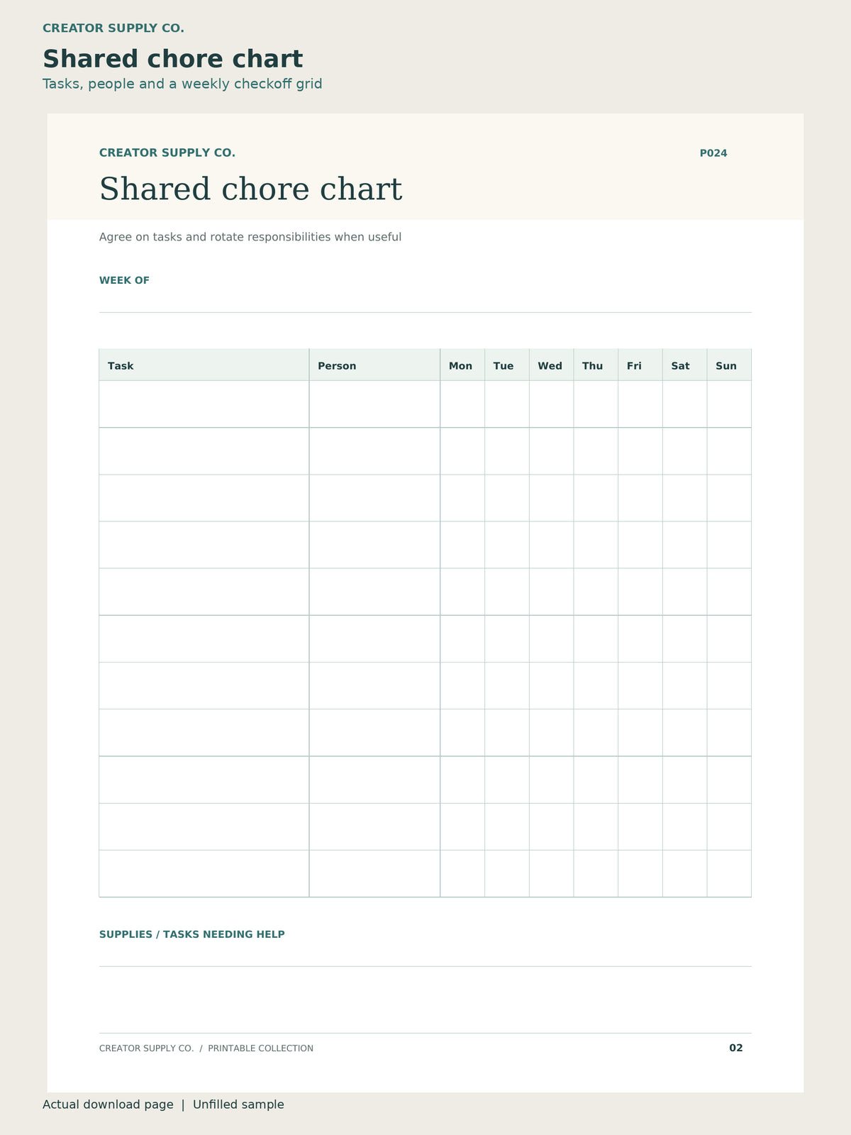 Family Command Center Kit – shared chore chart page: tasks, people and a weekly checkoff grid