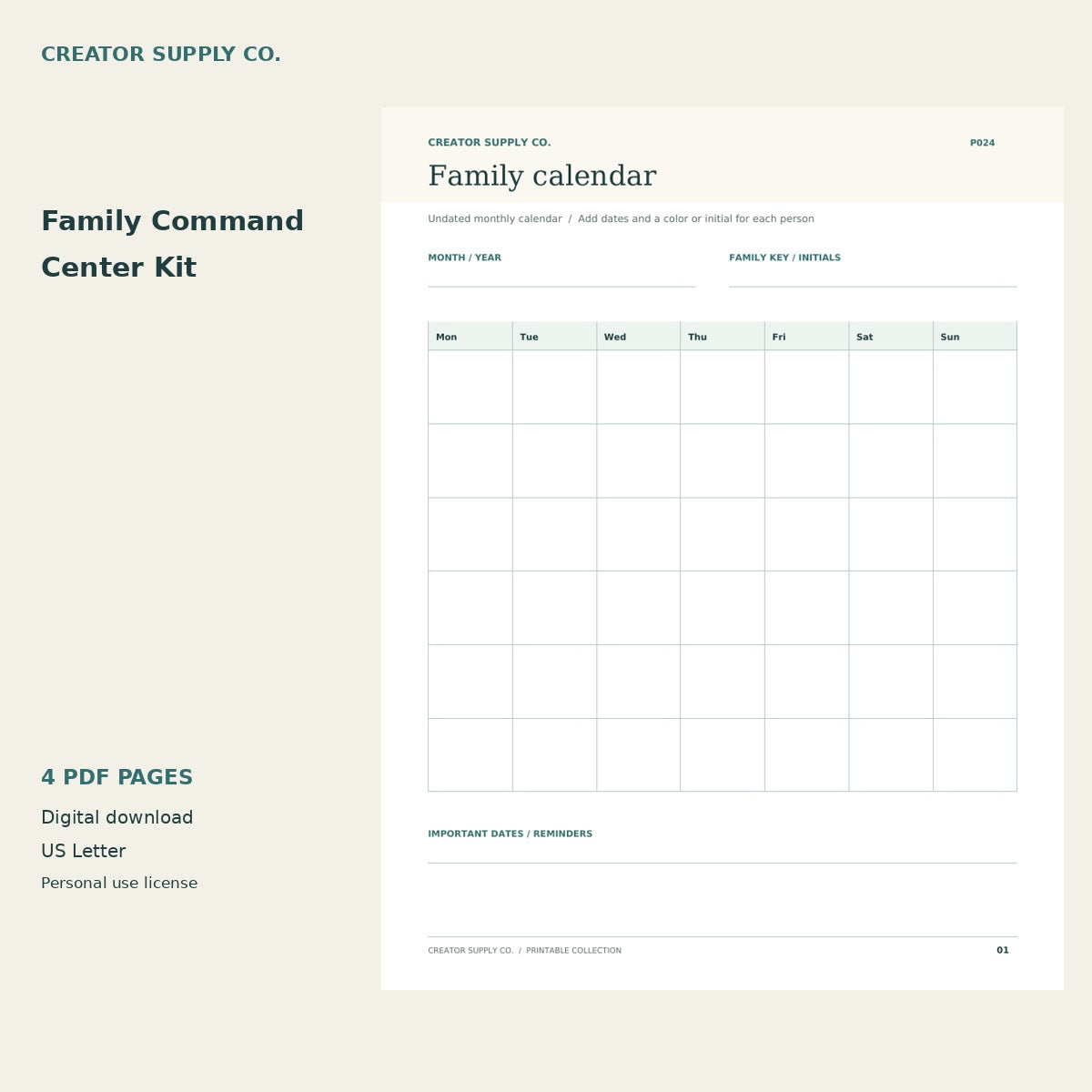 Family Command Center Kit – printable PDF pages preview