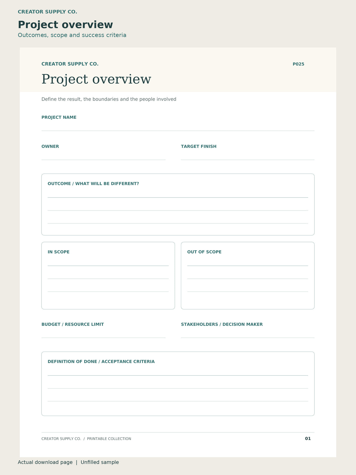 Project Planner Printable – project overview page: outcomes, scope and success criteria
