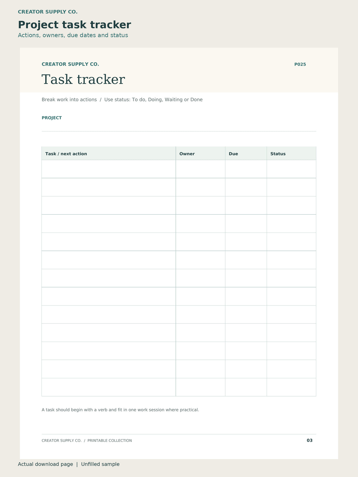 Project Planner Printable – project task tracker page: actions, owners, due dates and status