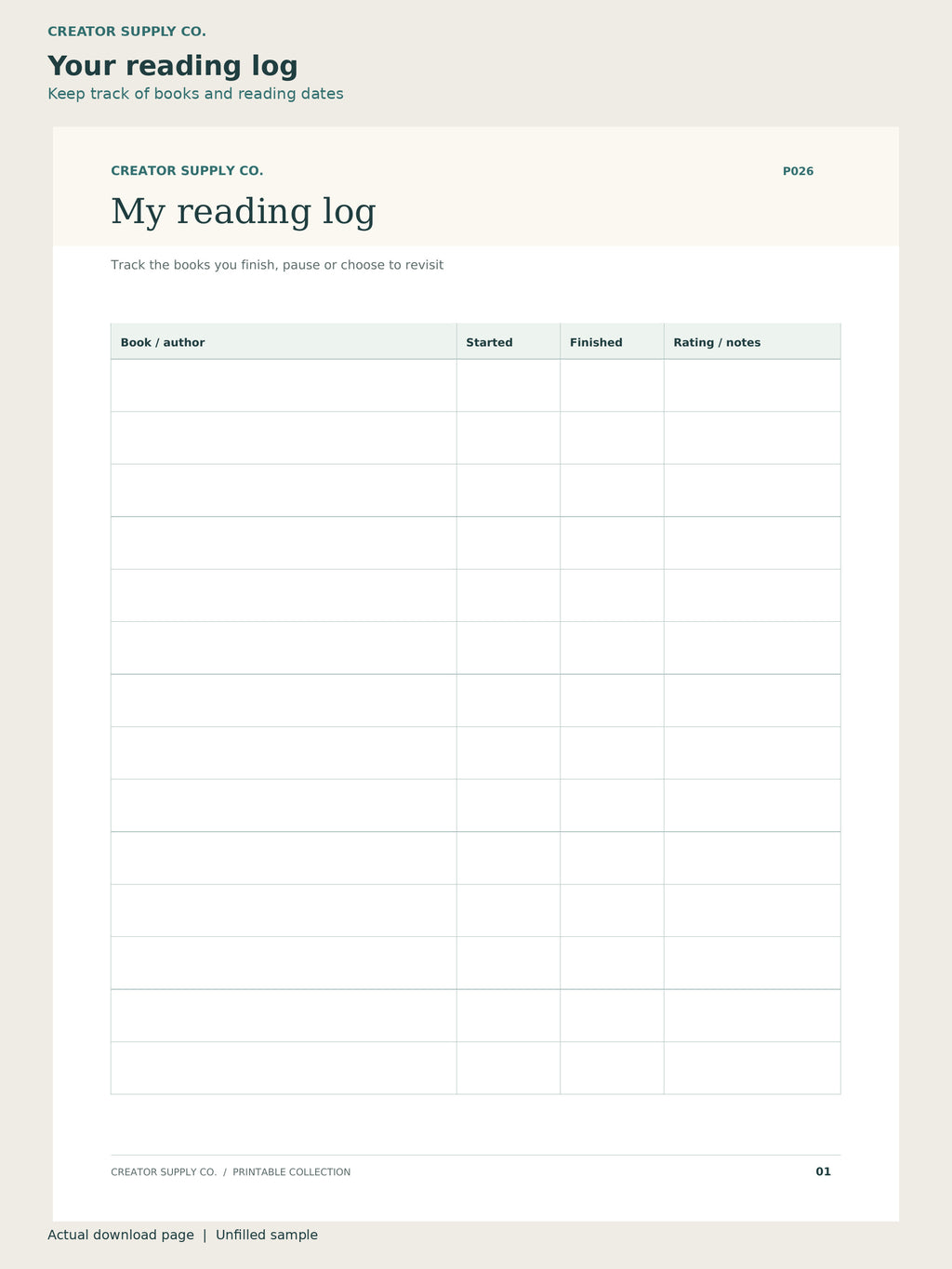 Reading Journal – reading log page: keep track of books and reading dates