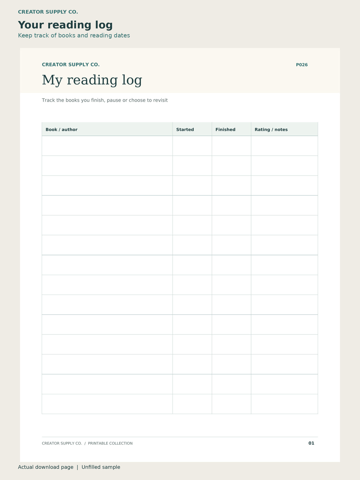 Reading Journal – reading log page: keep track of books and reading dates