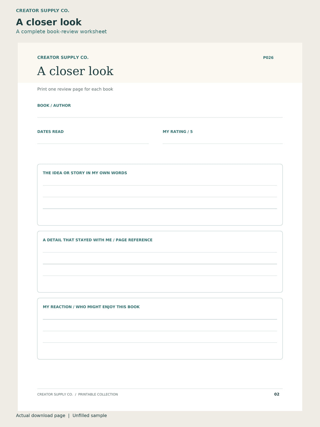 Reading Journal – closer look page: a complete book-review worksheet