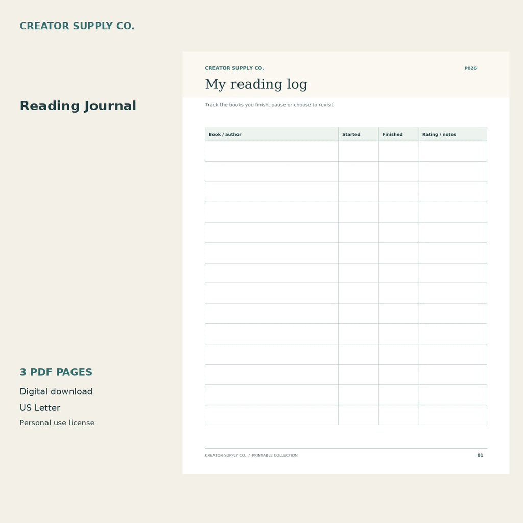 Reading Journal – printable PDF pages preview