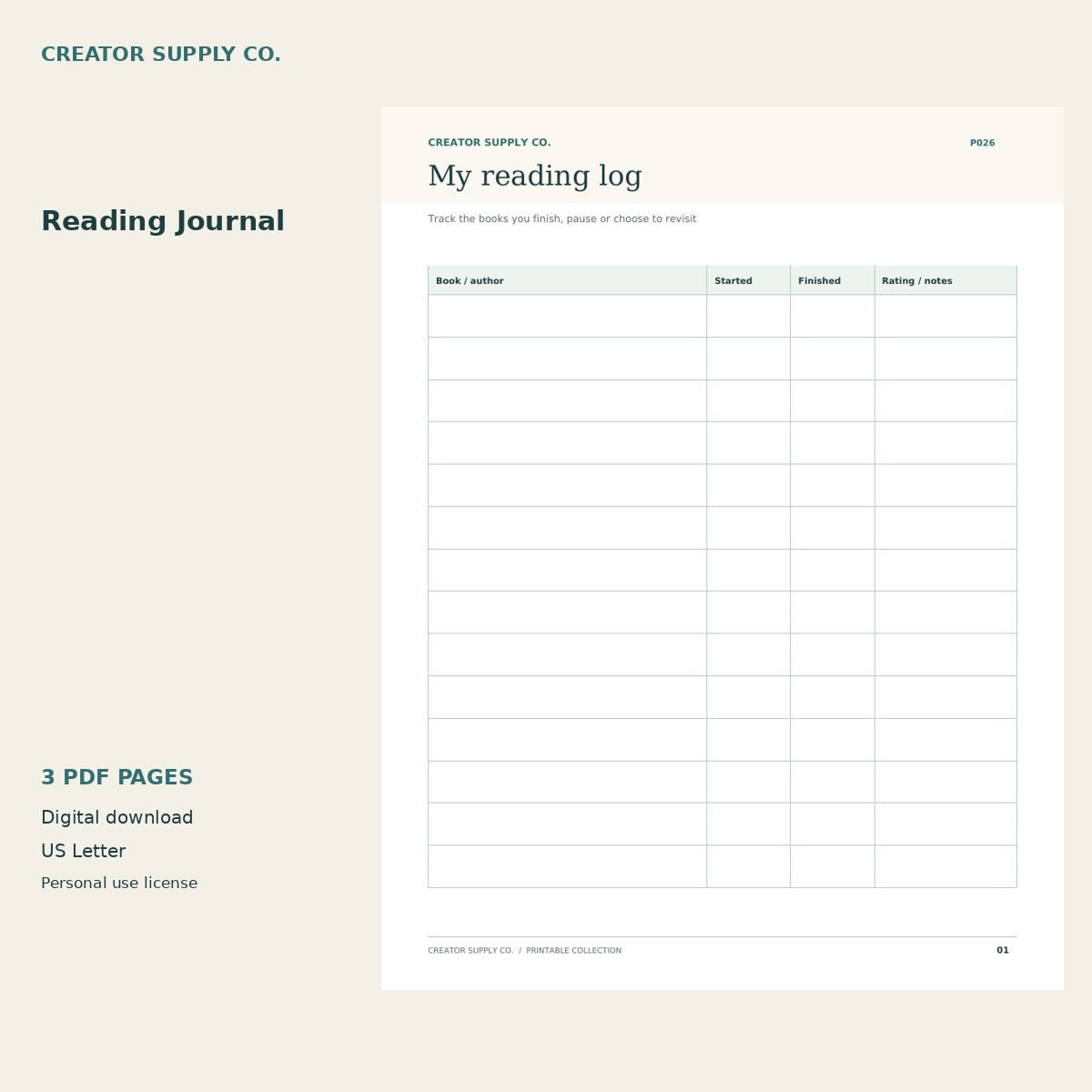 Reading Journal – printable PDF pages preview