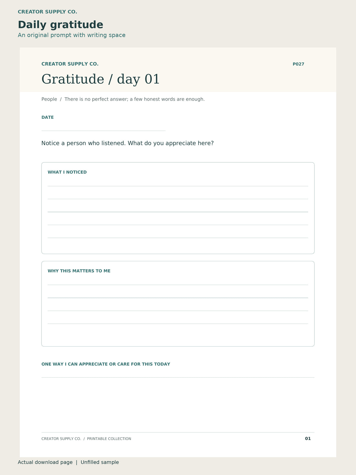 Gratitude Journal Printable – daily gratitude page: an original prompt with writing space