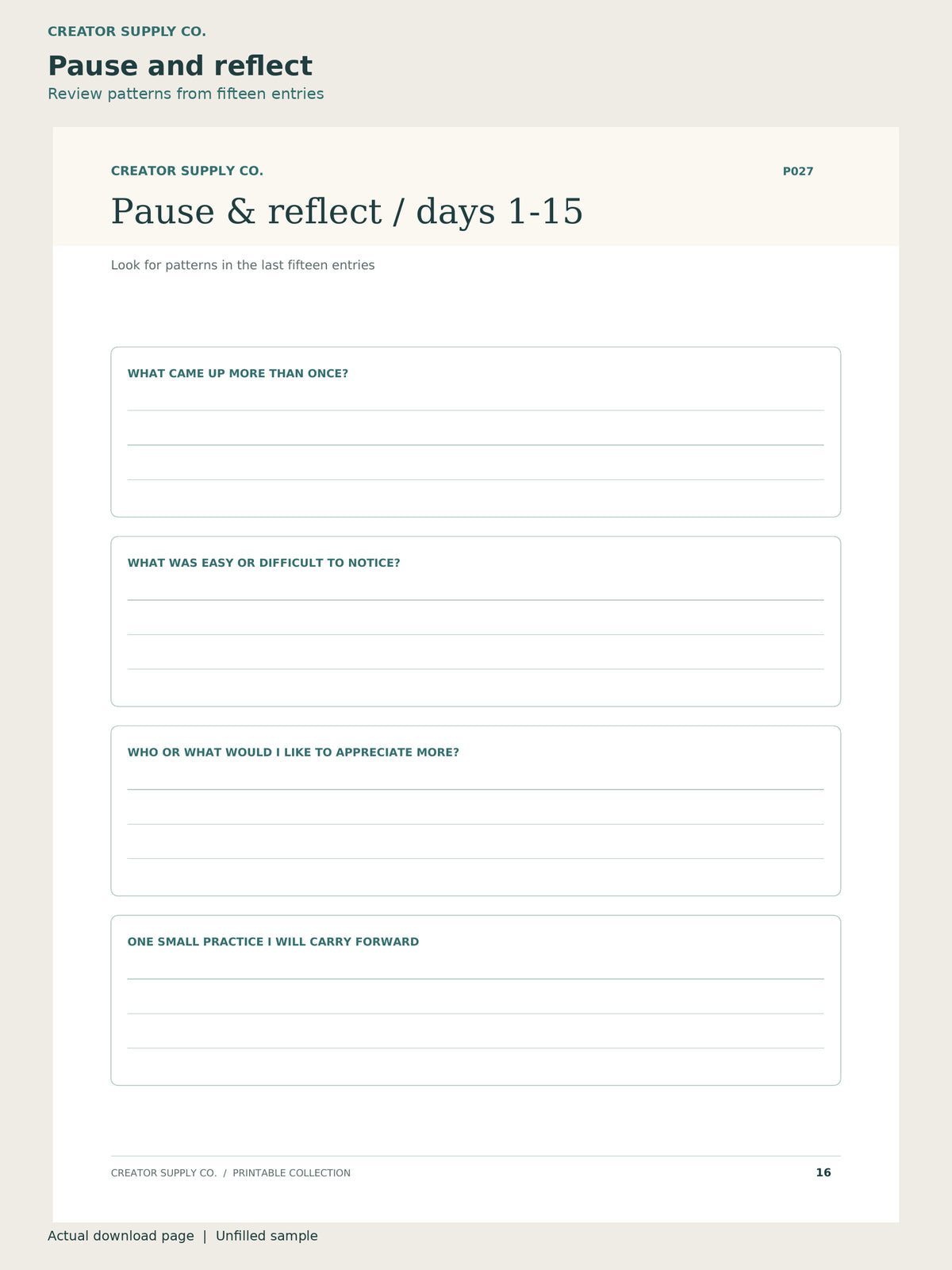 Gratitude Journal Printable – pause and reflect page: review patterns from fifteen entries