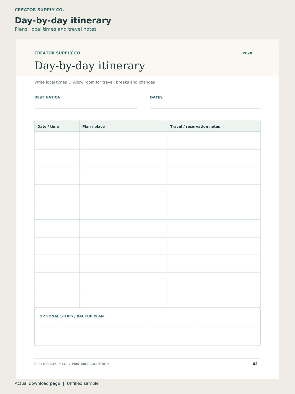 Travel Planner – day-by-day itinerary page: plans, local times and travel notes