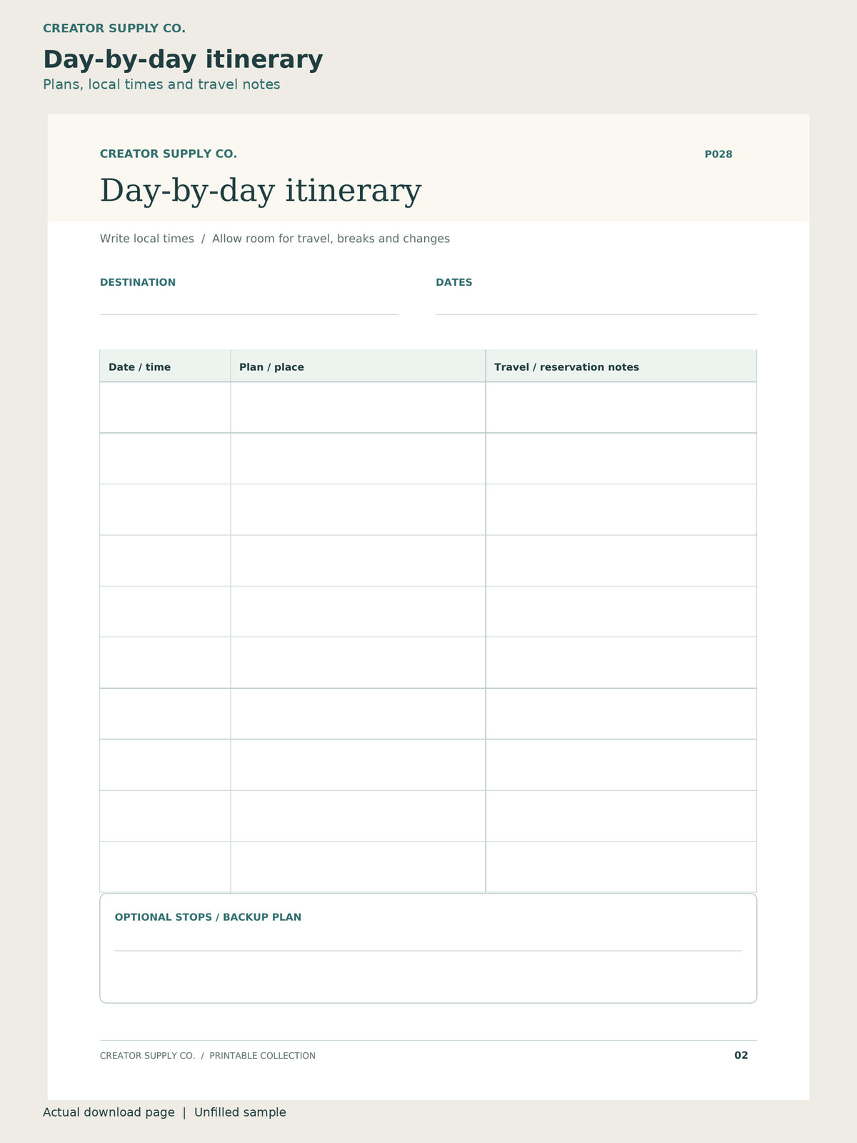 Travel Planner – day-by-day itinerary page: plans, local times and travel notes