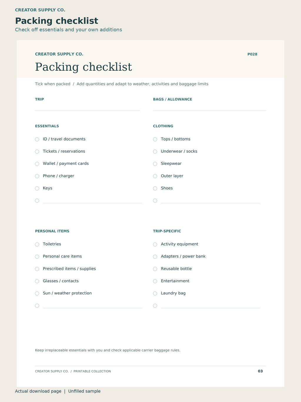 Travel Planner – packing checklist page: check off essentials and your own additions