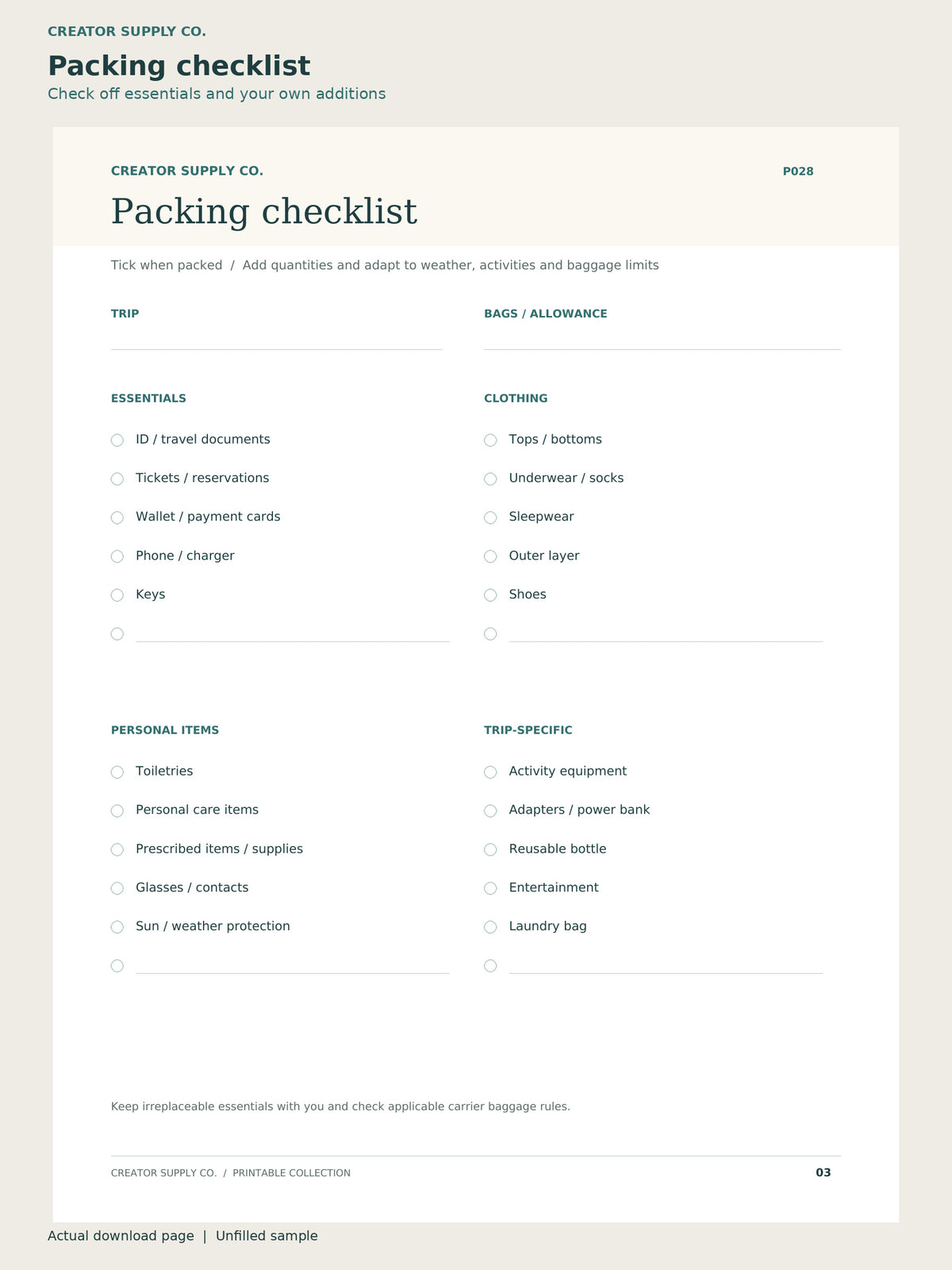 Travel Planner – packing checklist page: check off essentials and your own additions