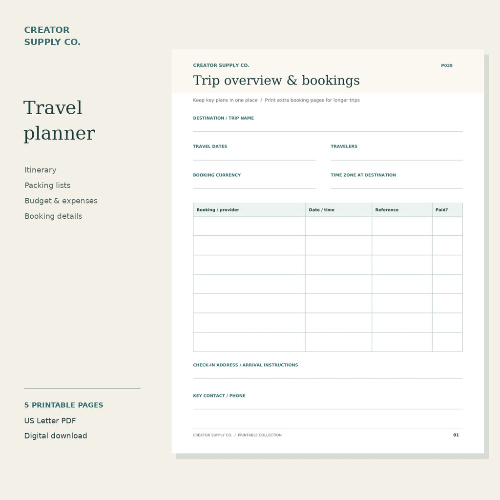 Travel Planner – preview of the printable worksheet