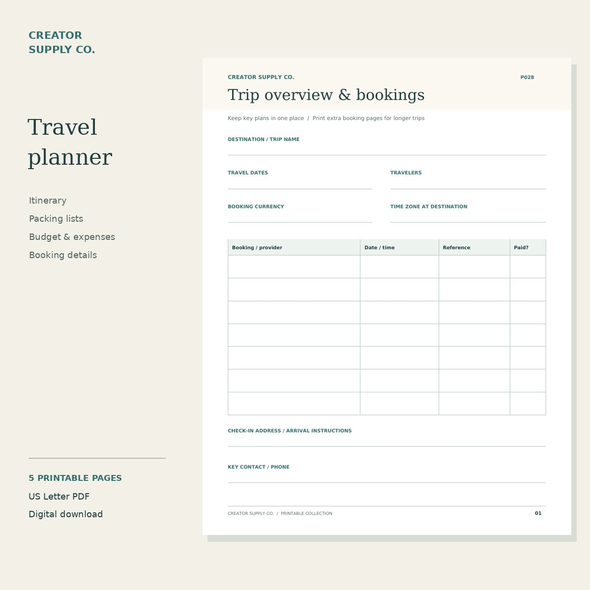 Travel Planner – preview of the printable worksheet
