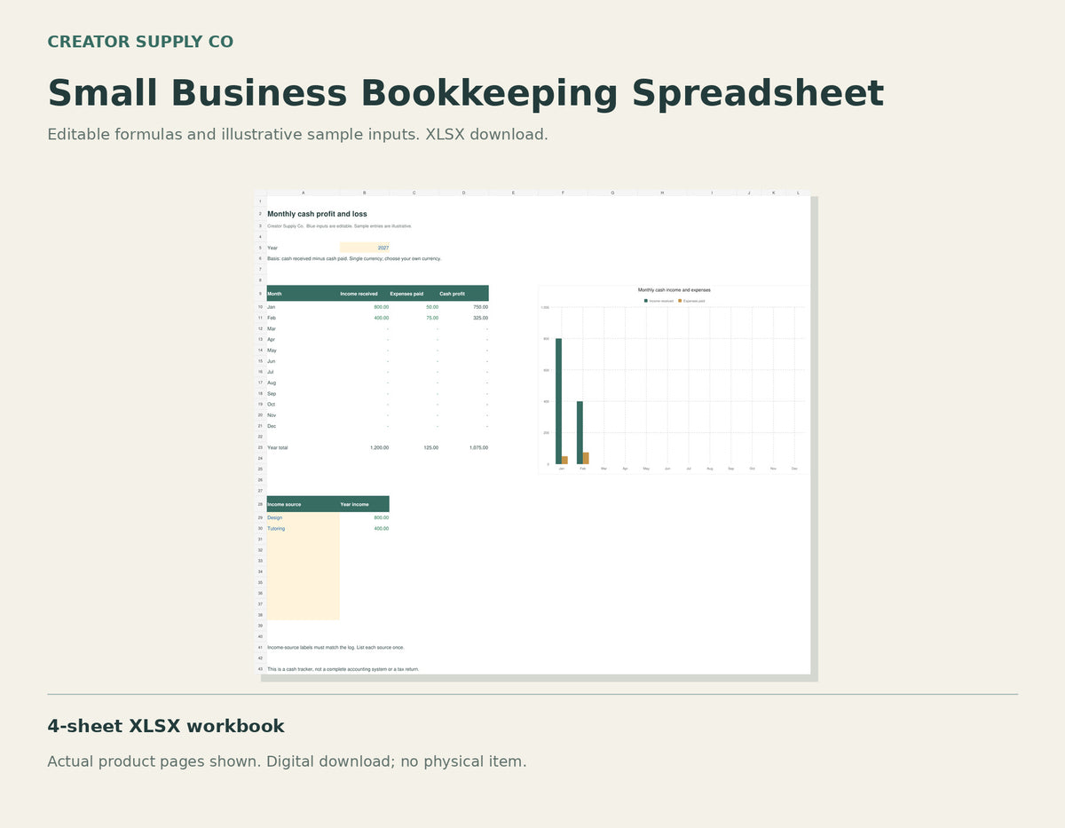 Small Business Bookkeeping Spreadsheet – spreadsheet preview