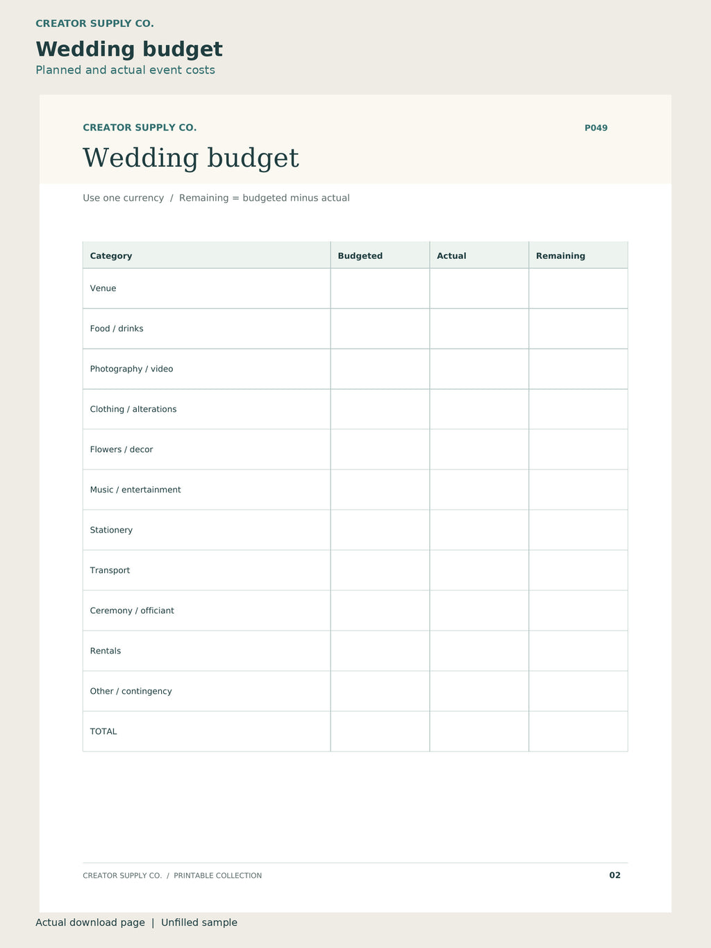 Wedding Planner Printable – wedding budget page: planned and actual event costs