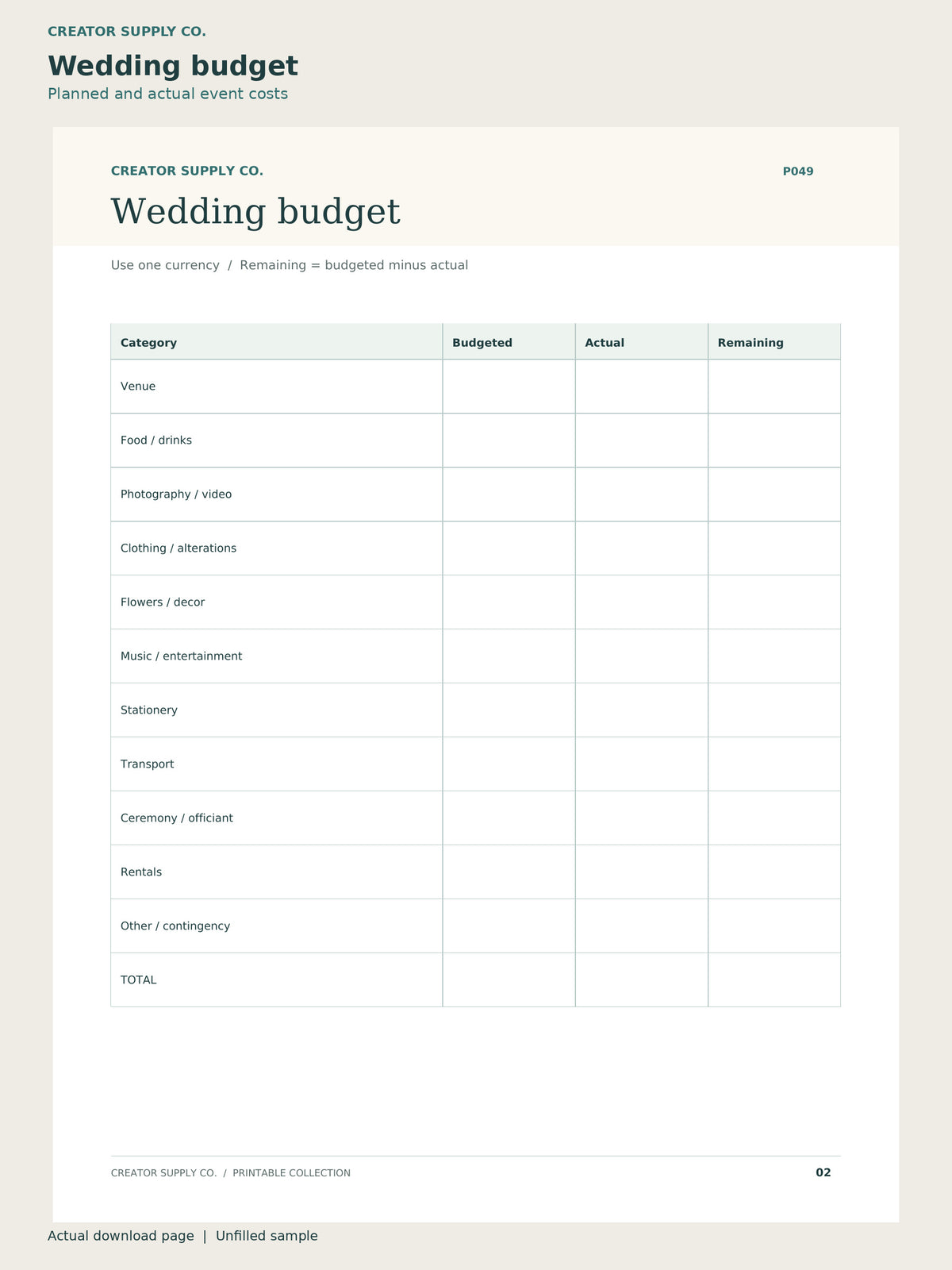 Wedding Planner Printable – wedding budget page: planned and actual event costs