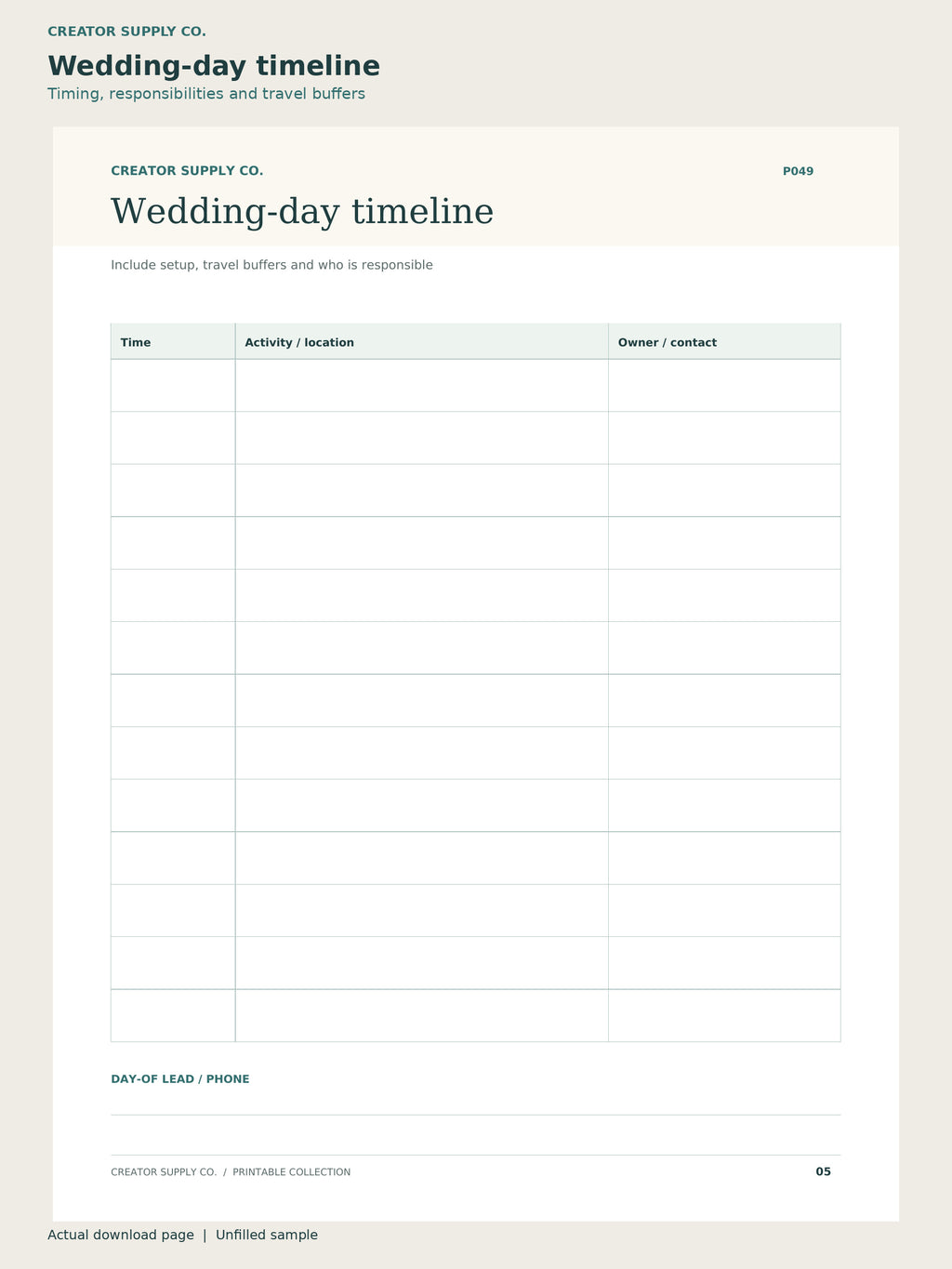 Wedding Planner Printable – wedding-day timeline page: timing, responsibilities and travel buffers