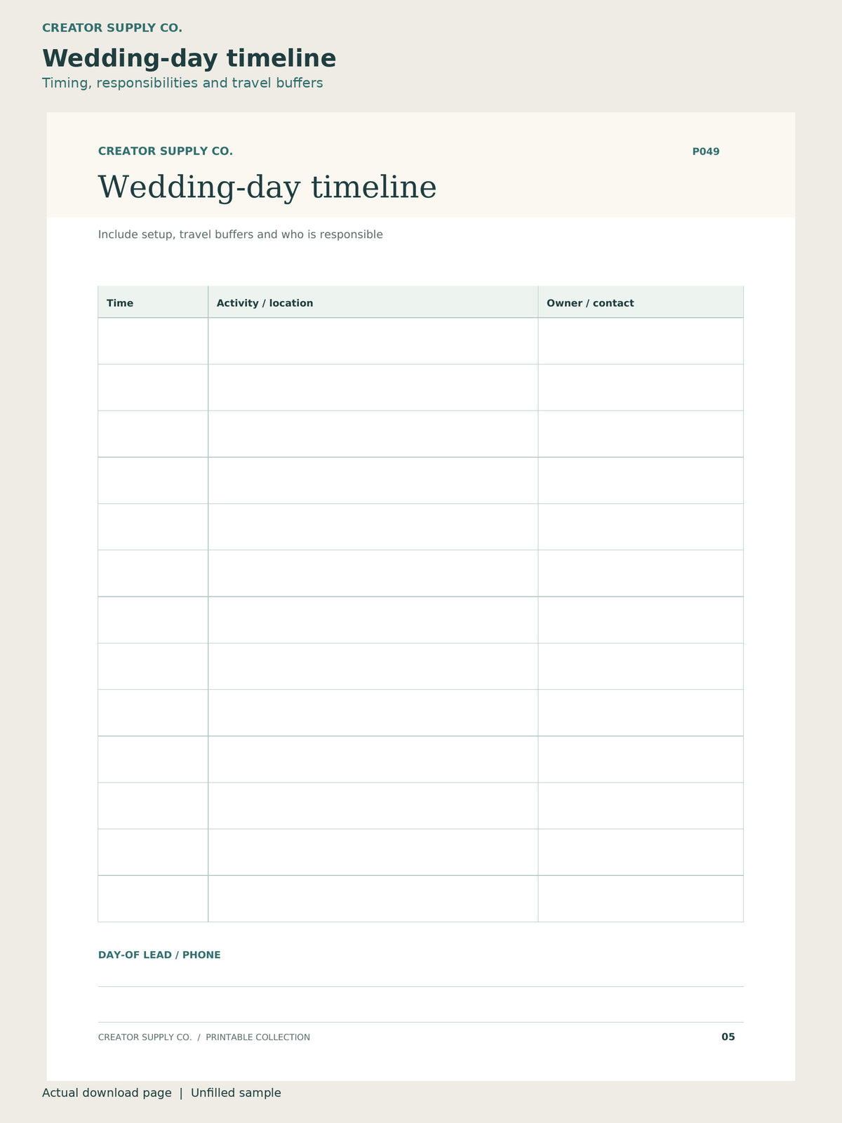 Wedding Planner Printable – wedding-day timeline page: timing, responsibilities and travel buffers