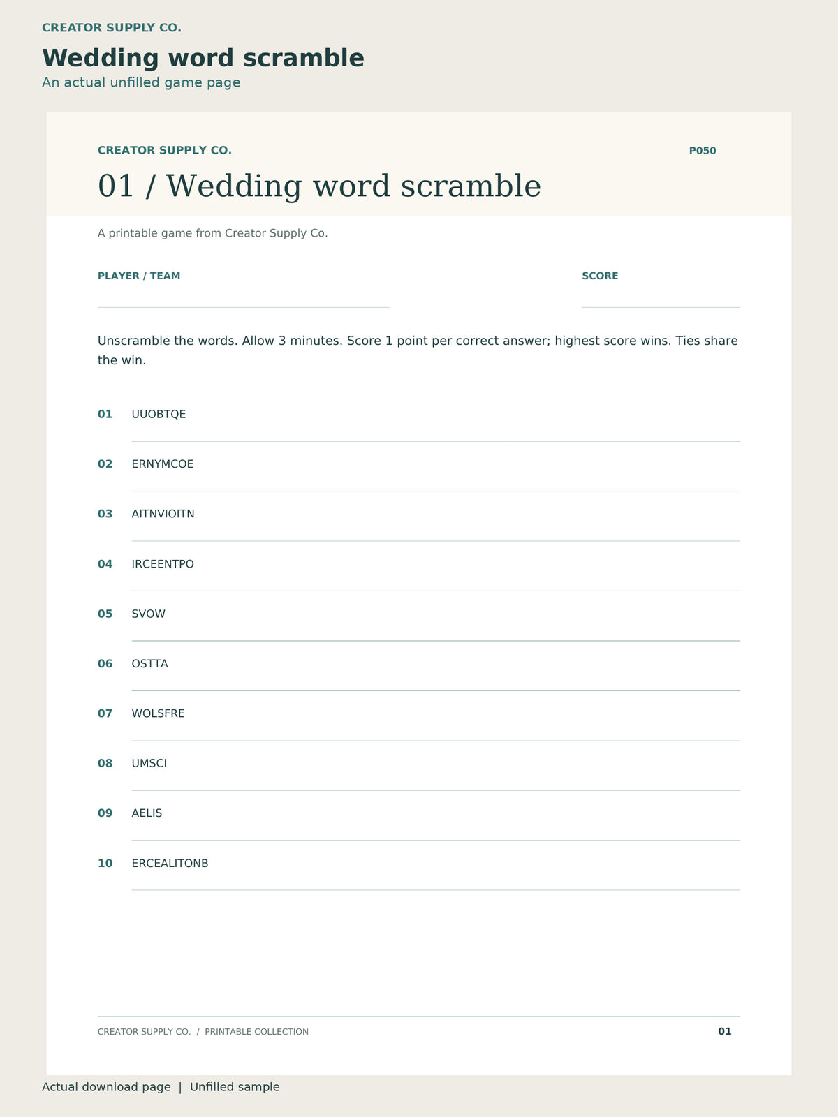 Bridal Shower Game Pack – wedding word scramble page: a printable game page