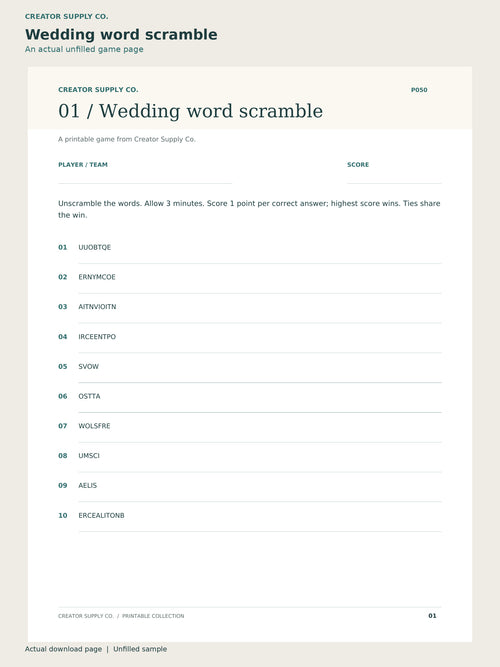 Bridal Shower Game Pack – wedding word scramble page: a printable game page