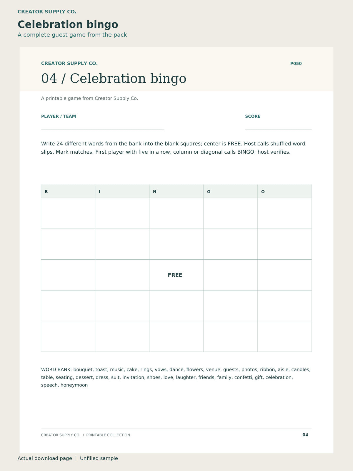 Bridal Shower Game Pack – celebration bingo page: a complete guest game from the pack