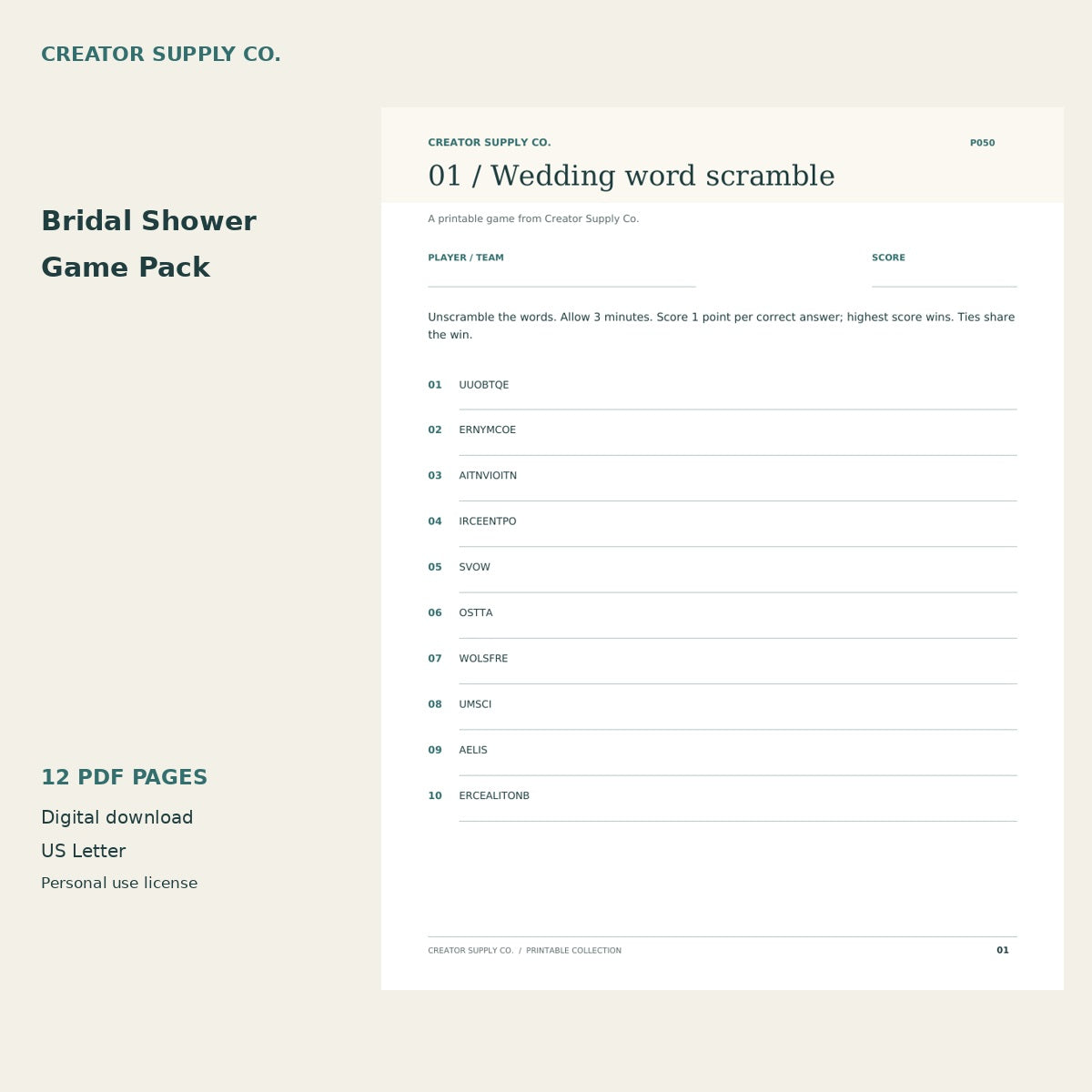 Bridal Shower Game Pack – printable PDF pages preview