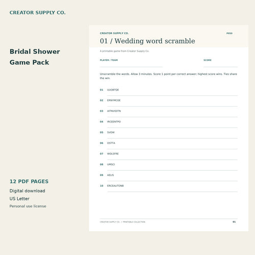 Bridal Shower Game Pack – printable PDF pages preview