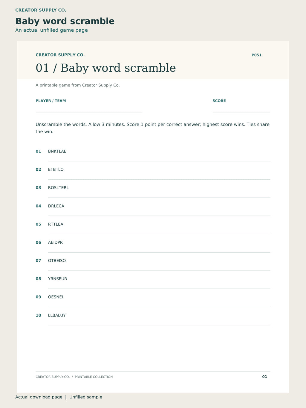Baby Shower Game Pack – baby word scramble page: a printable game page