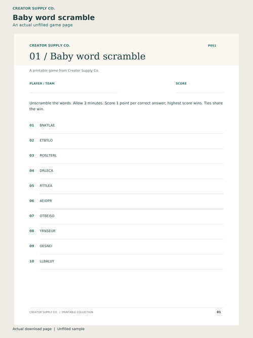 Baby Shower Game Pack – baby word scramble page: a printable game page