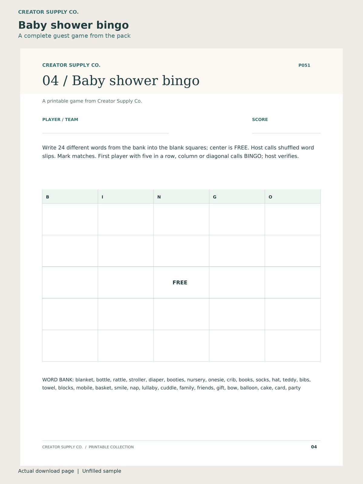 Baby Shower Game Pack – baby shower bingo page: a complete guest game from the pack